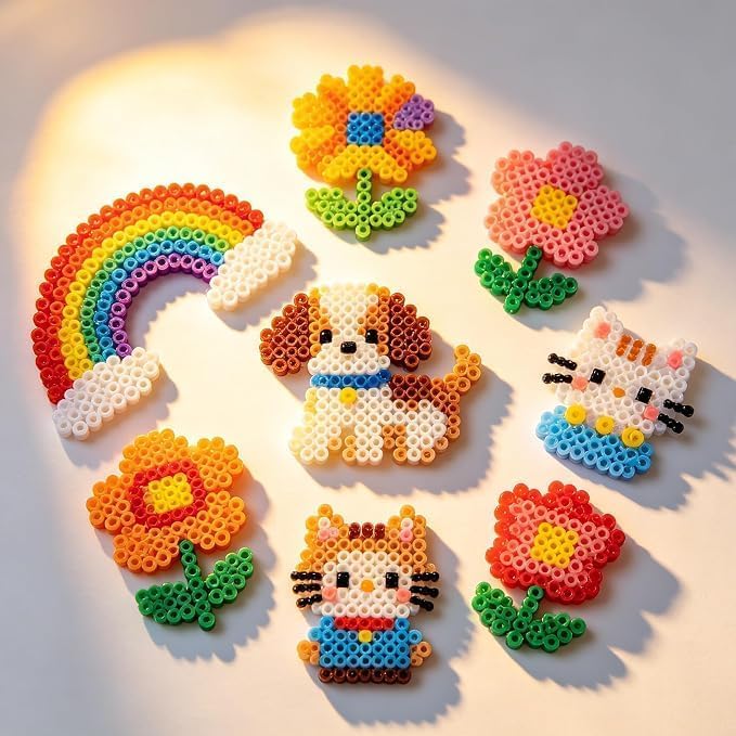 24 Color DIY Fuse Beads Craft Kit (2.6mm) – Complete Pixel Art & Melting Beads Set with Storage Box, Pegboards, Tweezers, Ironing Paper & Keychain Accessories.