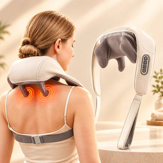 Woman using a neck and shoulder massager on a white background