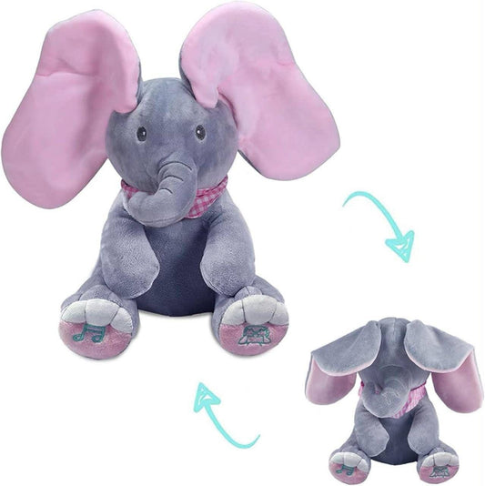 Interactive Peek-A-Boo Musical Elephant Plush Toy with Flapping Moving Ears for Babies & Toddlers.