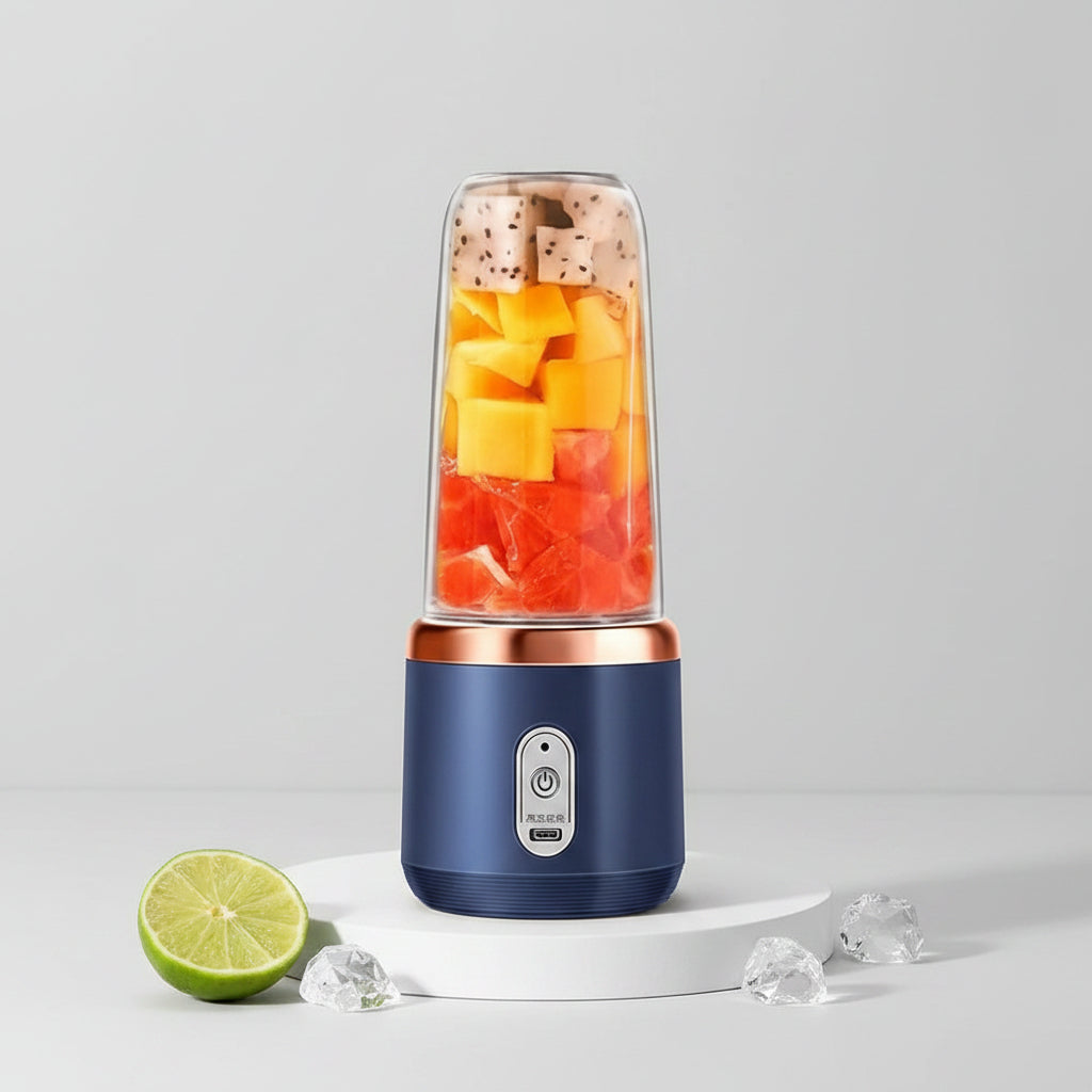 Blue portable blender with fruits and a basket of fruits on a light background