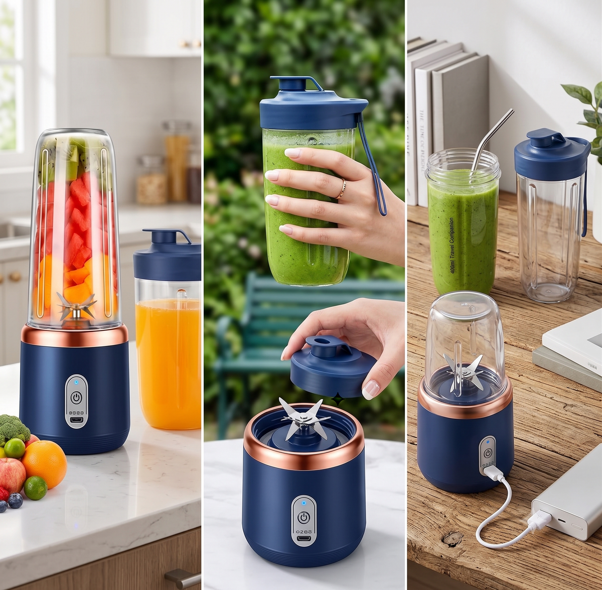 A three-panel collage showing a portable electric blender in use. The left panel shows the blender blending fruit and juice on a kitchen counter.