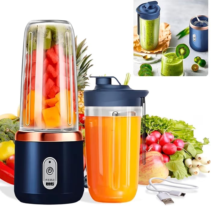 Personal blender with fruits and vegetables, showing a smoothie and ingredients.