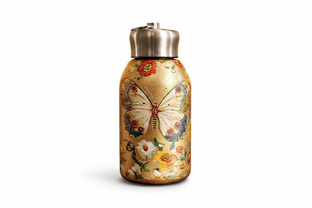 Decorative water bottle with butterfly and floral design on a floral background