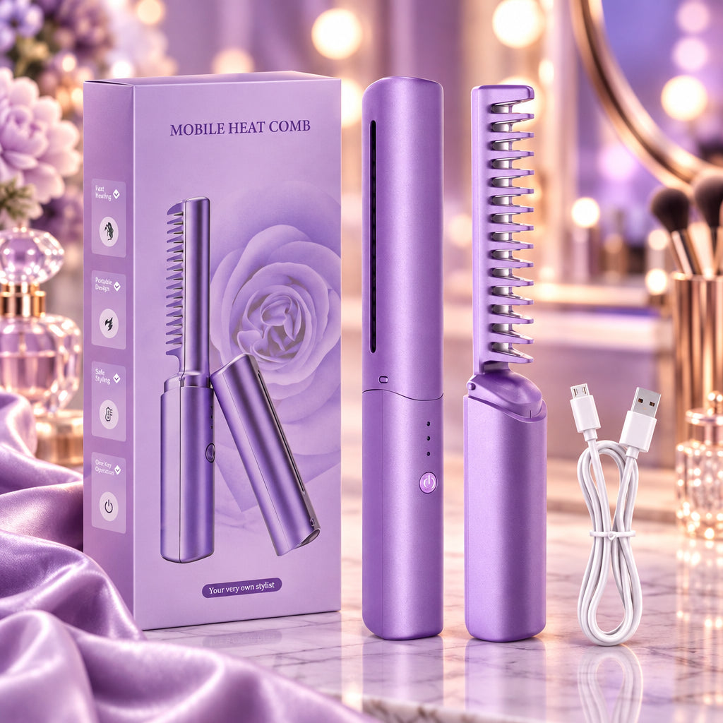 Purple mobile heat comb with packaging, comb, and USB cable on a white background