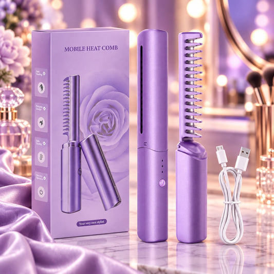 Purple mobile heat comb with packaging, comb, and USB cable on a white background