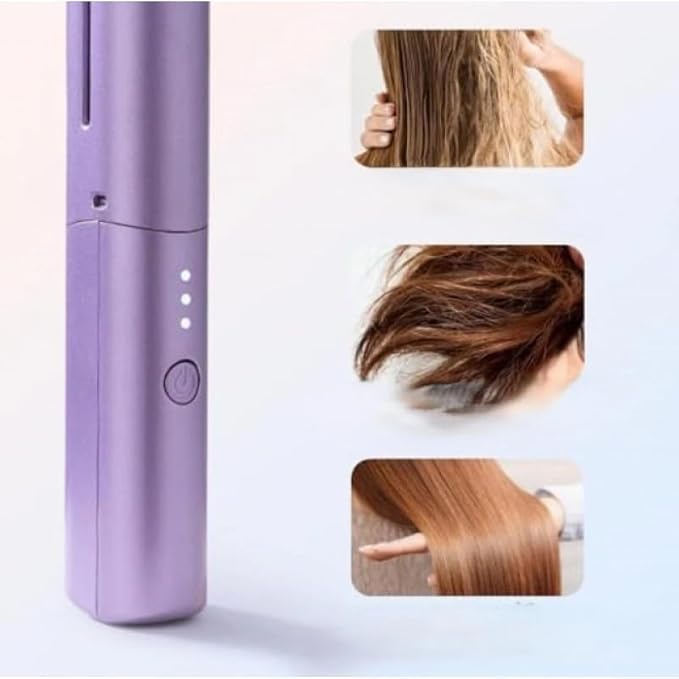 Purple hair straightener with close-up images of hair before and after use on a white background
