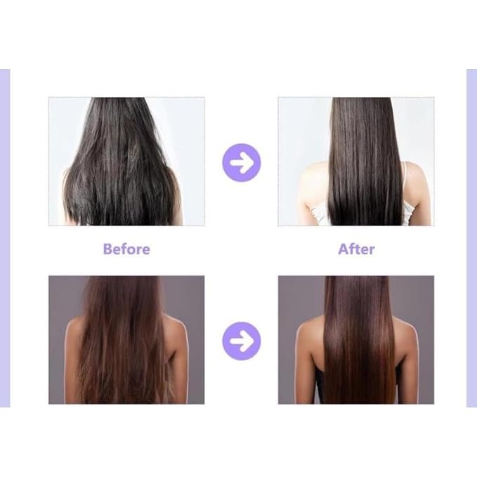 Before and after comparison of hair treatment results on a person with long hair.
