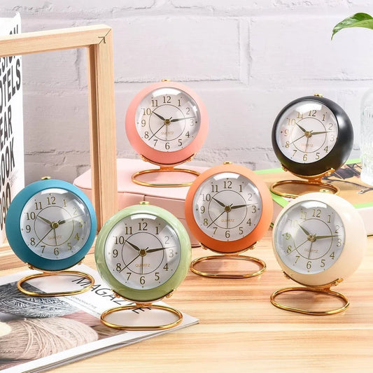 Nordic Retro Silent Analog Desk Alarm Clock with Soft Nightlight – Elegant Bedside Decor Clock.