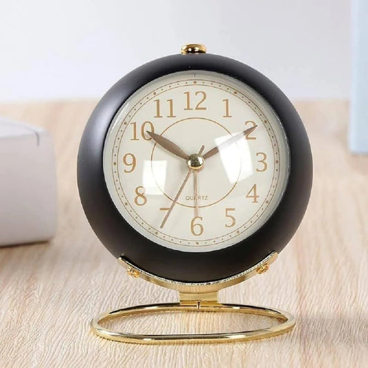 Nordic Retro Silent Analog Desk Alarm Clock with Soft Nightlight – Elegant Bedside Decor Clock.