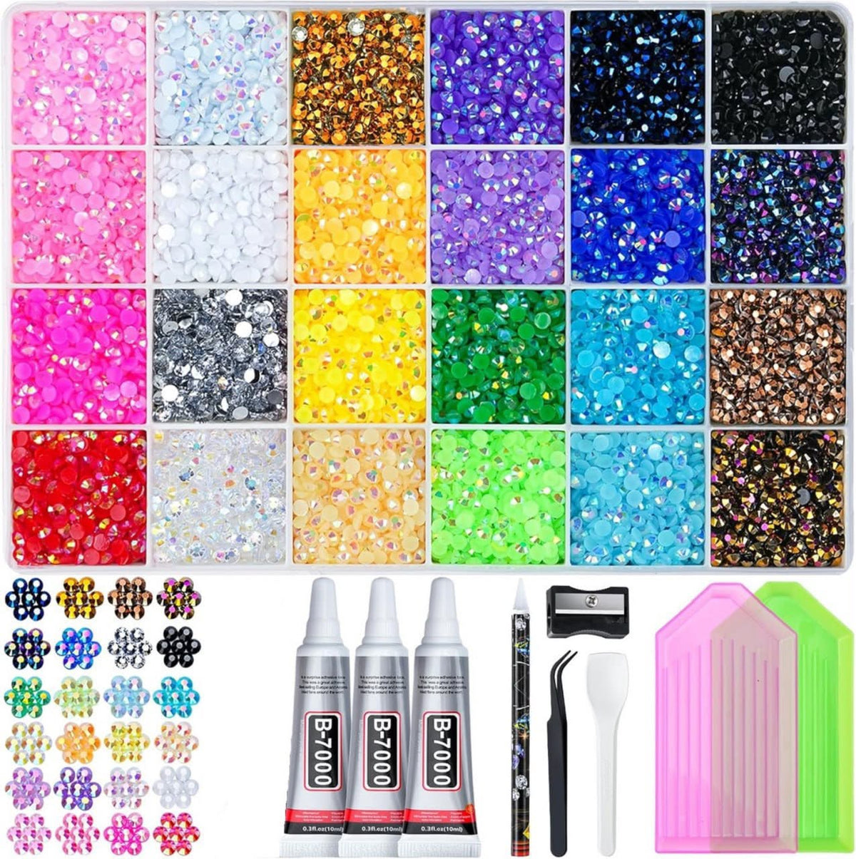 24 Colors Jelly Rhinestones Bedazzling Kit with 3x B7000 Glue & Tools for Nail Art, Clothes & DIY Crafts.