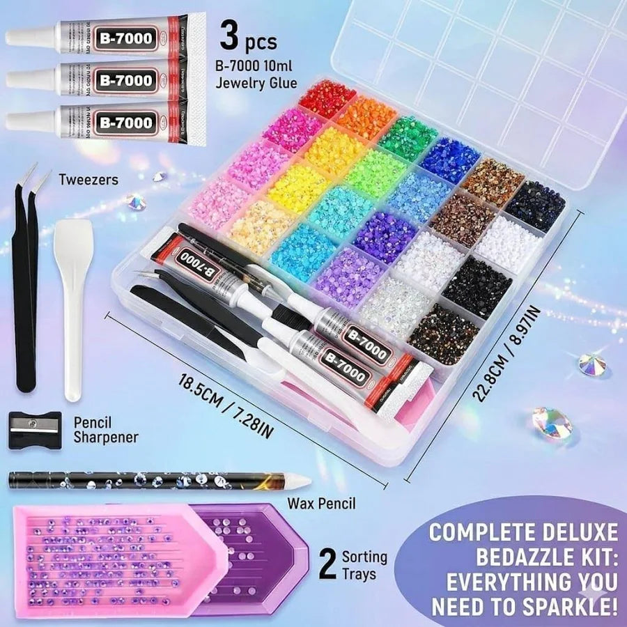 24 Colors Jelly Rhinestones Bedazzling Kit with 3x B7000 Glue & Tools for Nail Art, Clothes & DIY Crafts.