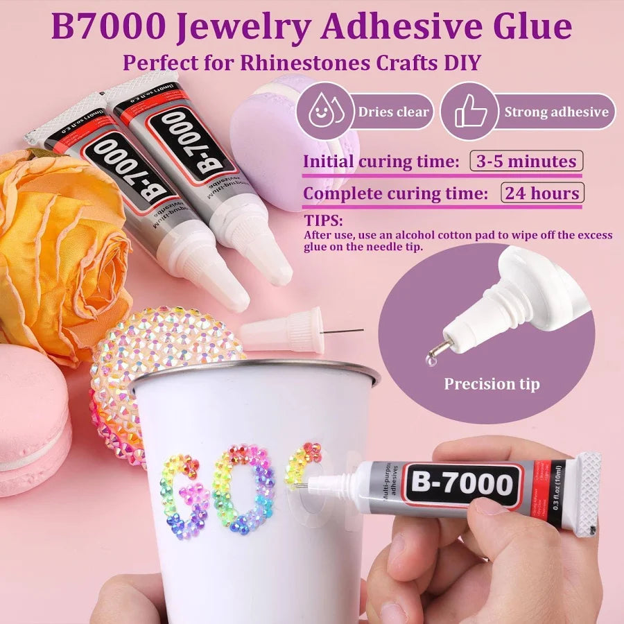 24 Colors Jelly Rhinestones Bedazzling Kit with 3x B7000 Glue & Tools for Nail Art, Clothes & DIY Crafts.