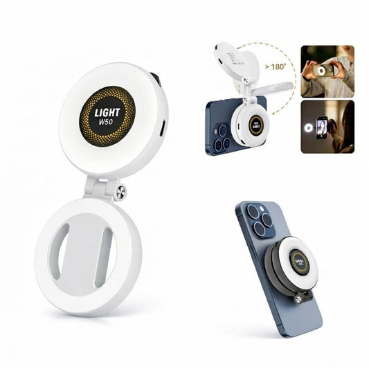 W50 Magnetic LED Selfie Ring Light for Smartphones | Foldable 180° Rotatable Rechargeable Fill Light for Video Calls, Reels & Vlogging.