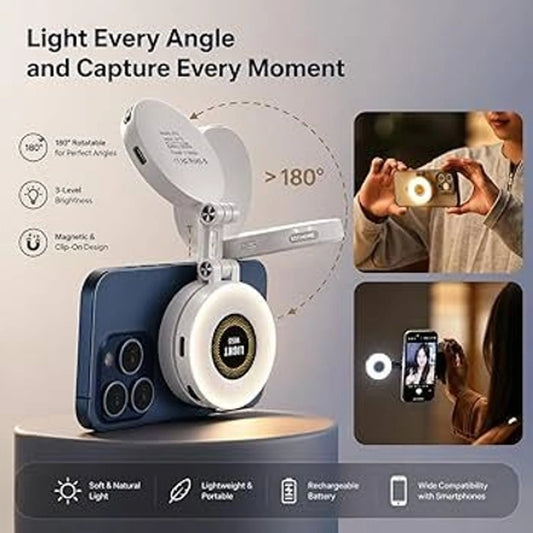 W50 Magnetic LED Selfie Ring Light for Smartphones | Foldable 180° Rotatable Rechargeable Fill Light for Video Calls, Reels & Vlogging.