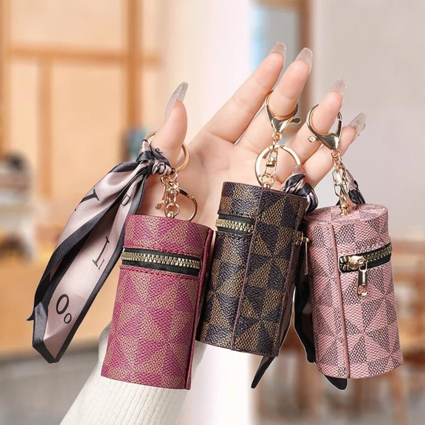 Luxury Leather Lipstick Organizer Keychain Bag with Decorative Scarf