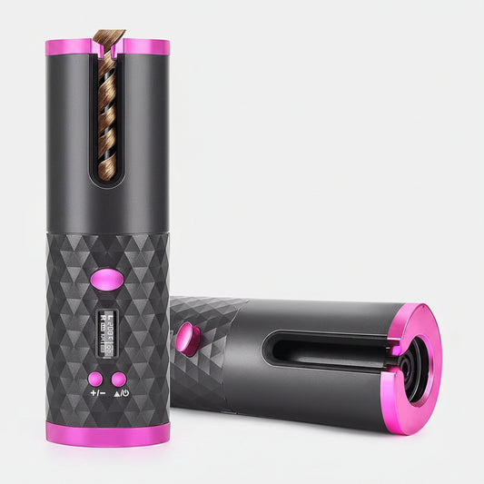 A black and pink hair styling tool shown in two views on a white background, with one view displaying a twisted section of brown hair inside the barrel and the other showing the side profile with a pink-capped opening.