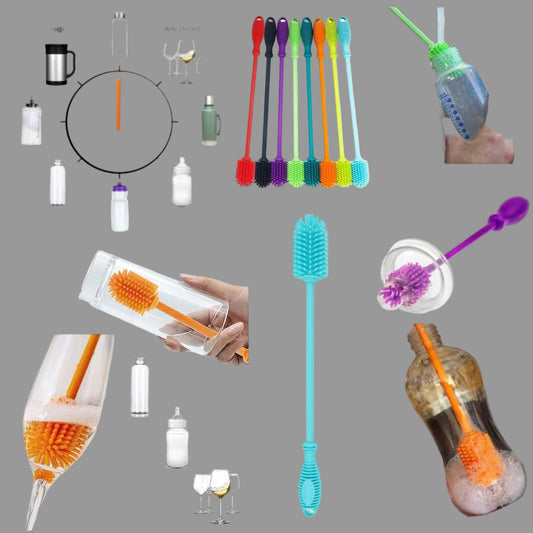 A collage showing a silicone bottle and glass cleaning brush set in multiple colors, with the main turquoise brush centered, smaller views of the brush in use on bottles and glasses, a circular diagram listing brush types, and dimensions printed on the main brush.