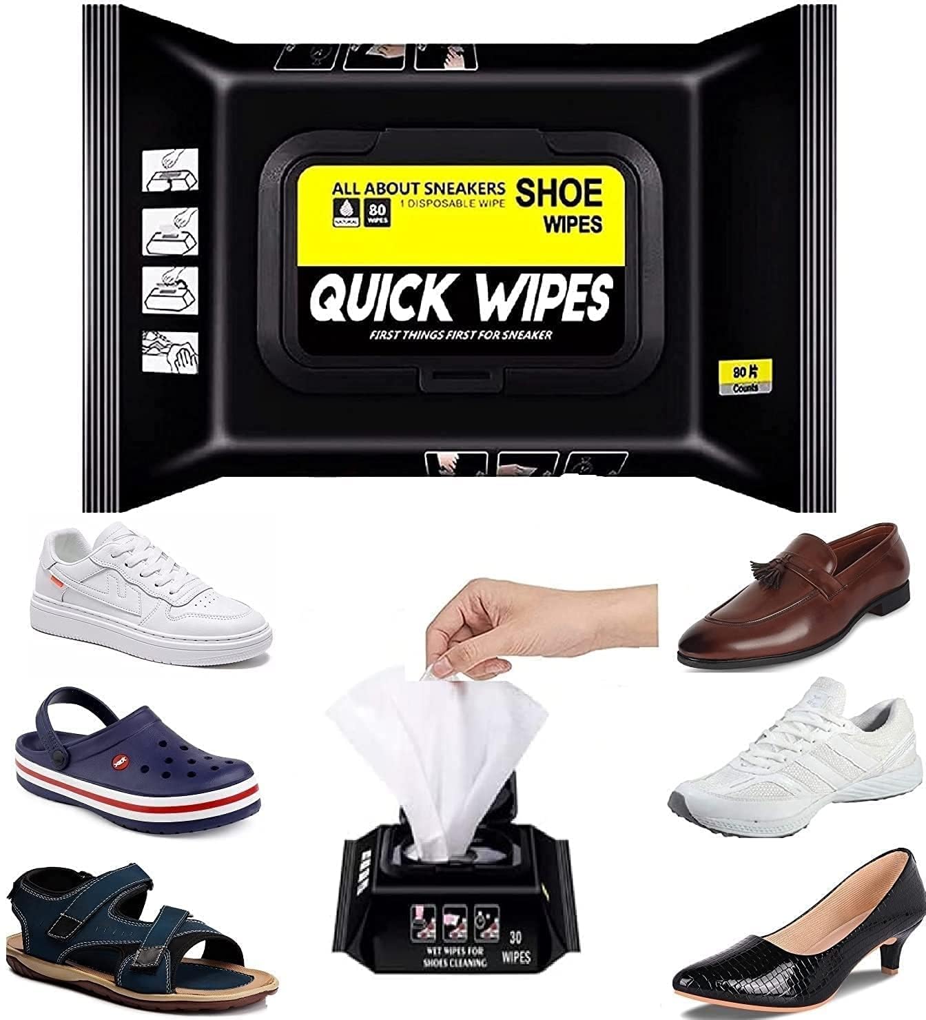 Quick Wipes shoe cleaning wipes packaging with various shoes shown for cleaning.