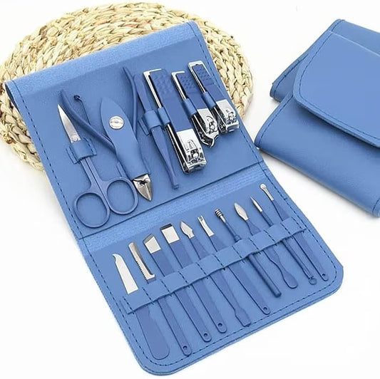 Blue manicure set with tools and a matching blue case on a white background