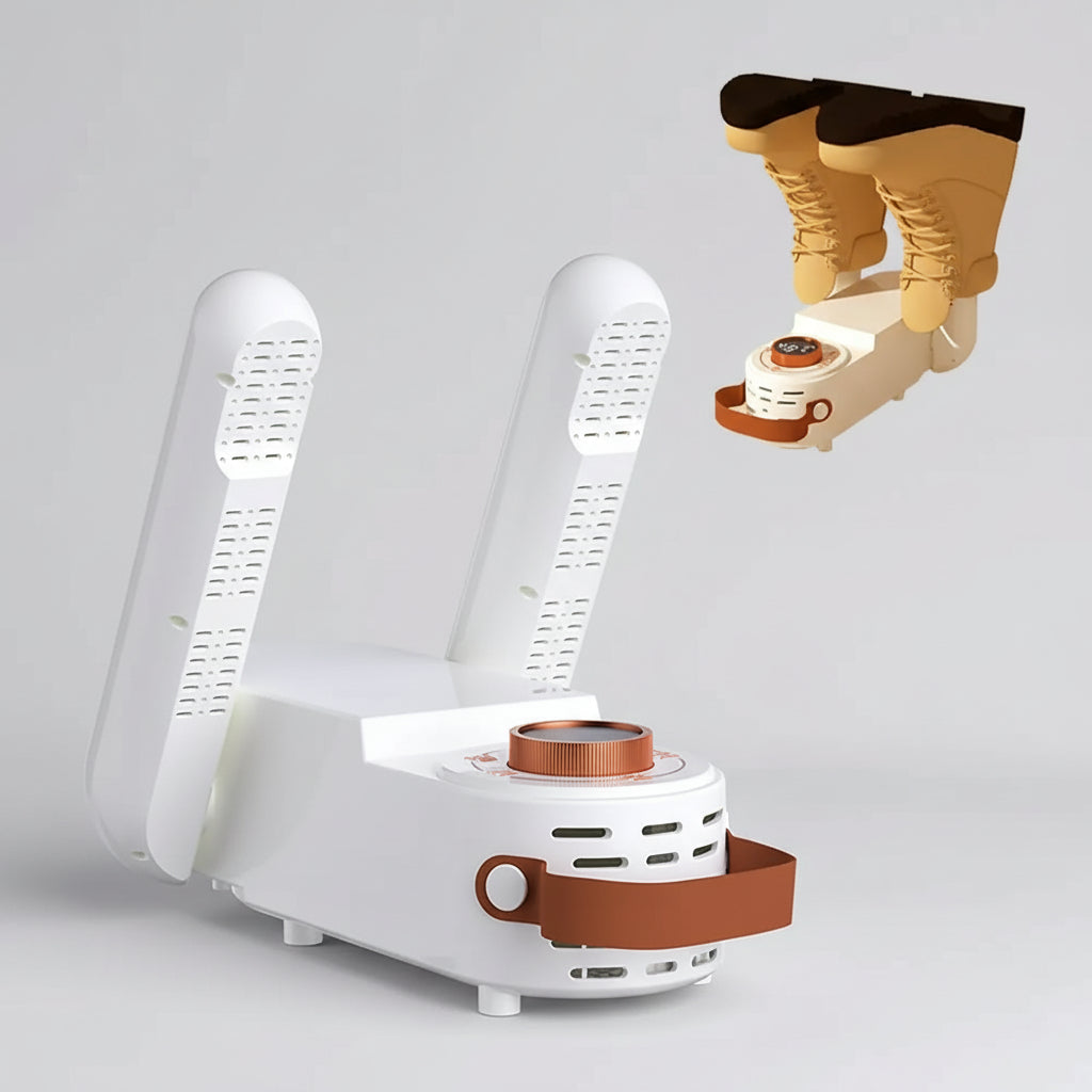 A white and brown automatic shoe dryer shown on a plain white background, with a small inset showing a pair of boots placed inside the dryer.