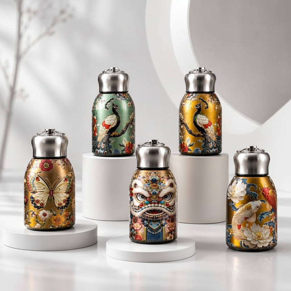 Five decorative metal bottles with silver caps arranged on white pedestals against a soft white studio background. Each bottle features a different ornate printed design: butterfly, peacock, dragon face, and koi fish motifs in gold, green, and yellow tones with floral and multicolored detailing.
