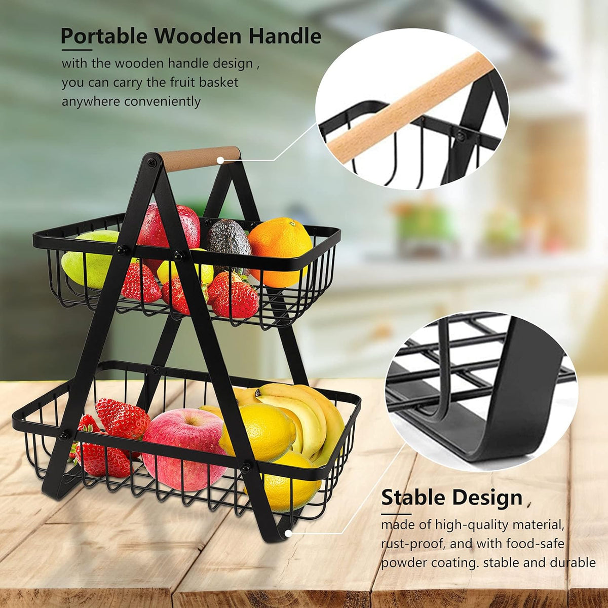 Metal Fruit Basket with Wooden Handle Kitchen Countertop Fruits & Vegetable Storage Rack.