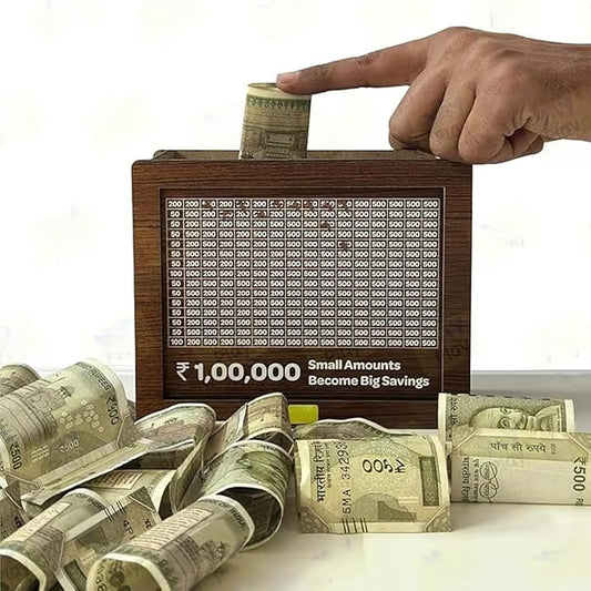 1 Lakh Savings Challenge Wooden Piggy Bank with Target Tracker.
