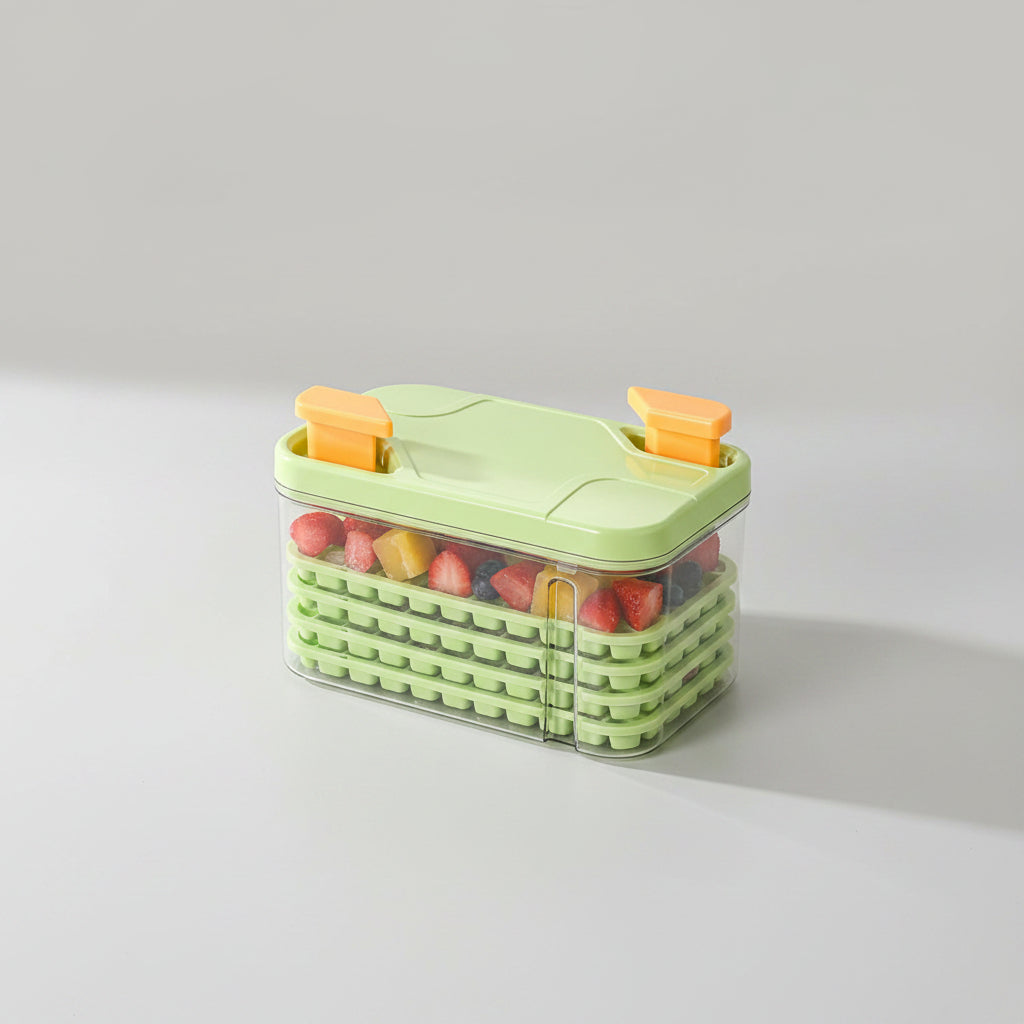 A collage showing a green and clear plastic food storage tray with orange handles, demonstrated by hands in a kitchen-like setting. The collage includes close-ups of the tray stacked, dimensions printed on one panel, and the tray holding colorful food pieces.