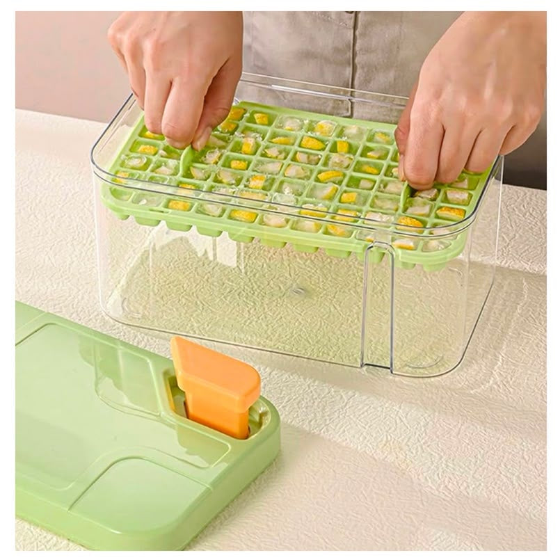 A collage showing a green and clear plastic food storage tray with orange handles, demonstrated by hands in a kitchen-like setting. The collage includes close-ups of the tray stacked, dimensions printed on one panel, and the tray holding colorful food pieces.