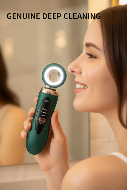 A woman holds a green and silver electronic facial cleansing device against her cheek, with text reading 'GENUINE DEEP CLEANING' and six circular skin-result close-ups showing acne, pores, and skin improvement.