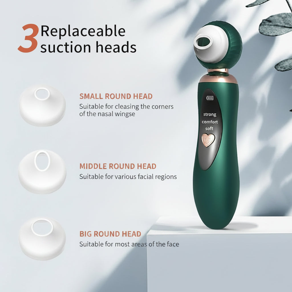 Green handheld device with replaceable suction heads on a light background