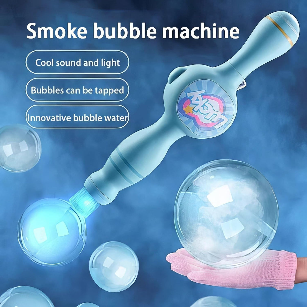 Smoke bubble machine with bubbles on a blue background