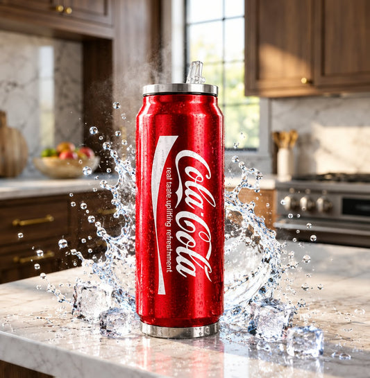 Cola Shaped Stainless Steel Can Tumbler | Double Wall Insulated Travel Mug with Straw & Sipper Lid.