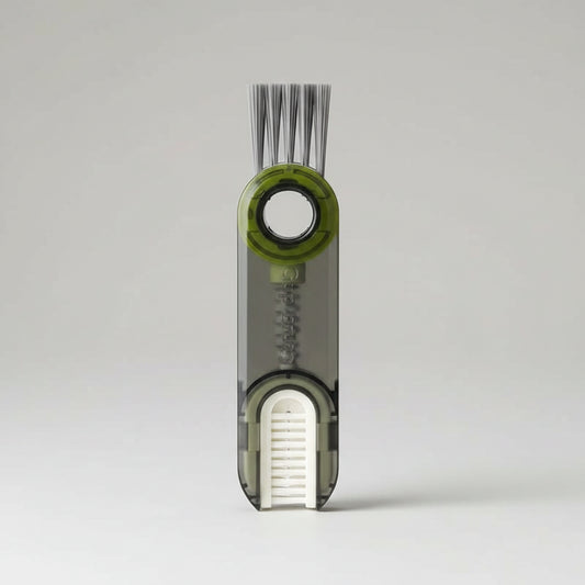 Multi-functional kitchen brush with various attachments on a white background