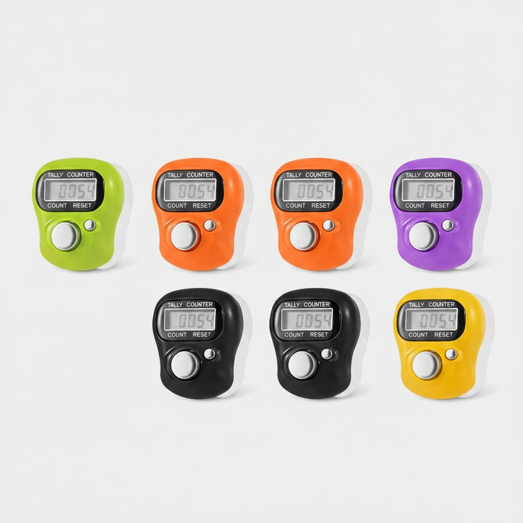 Five digital tally counters in different colors (green, orange, purple, black, and yellow) arranged in two rows on a plain white background.