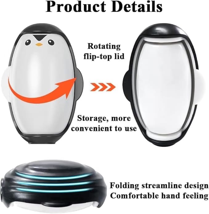 Product details of a penguin-shaped container with rotating flip-top lid on a white background.