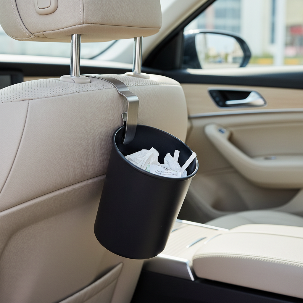 Compact hanging mini dustbin clipped on car seat headrest rod inside car
