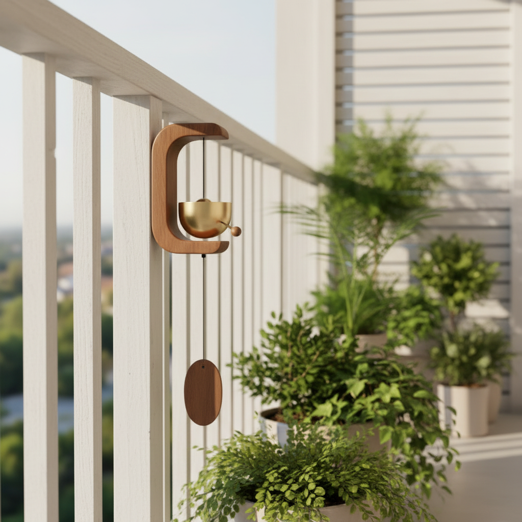 Wooden C-shaped wind bell hanging on balcony railing with golden brass chime