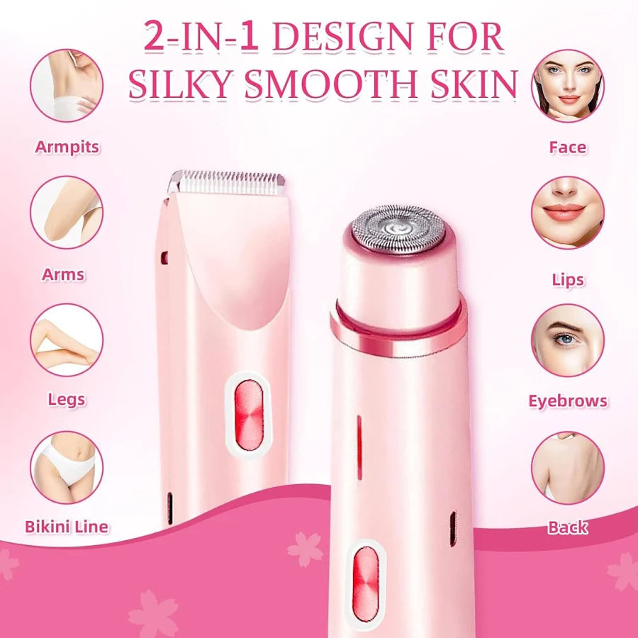 Pink 2-in-1 electric hair trimmer and facial shaver set shown on a pink promotional background with text listing skin areas such as armpits, arms, legs, bikini line, face, lips, eyebrows, and back.